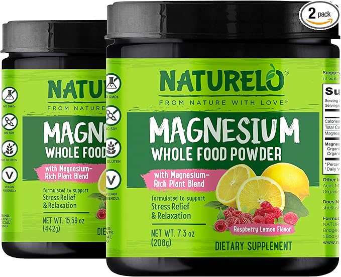 NATURELO Magnesium Powder - Whole Food Calm Magnesium Powder with Quinoa Cauliflower &amp Flaxseed for Stress Relief Raspberry Lemon 85 Servings 15oz (Pack of 2)