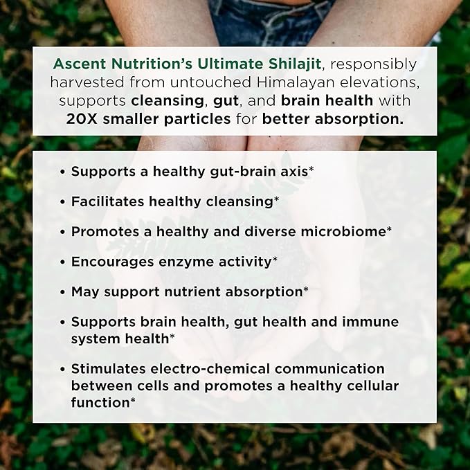 Ascent Nutrition Ultimate Shilajit | Natural Source of Fulvic &amp Humic Acid | Supports Balanced Electrolytes Healthy Energy Levels and Gut Health | 60 Capsules
