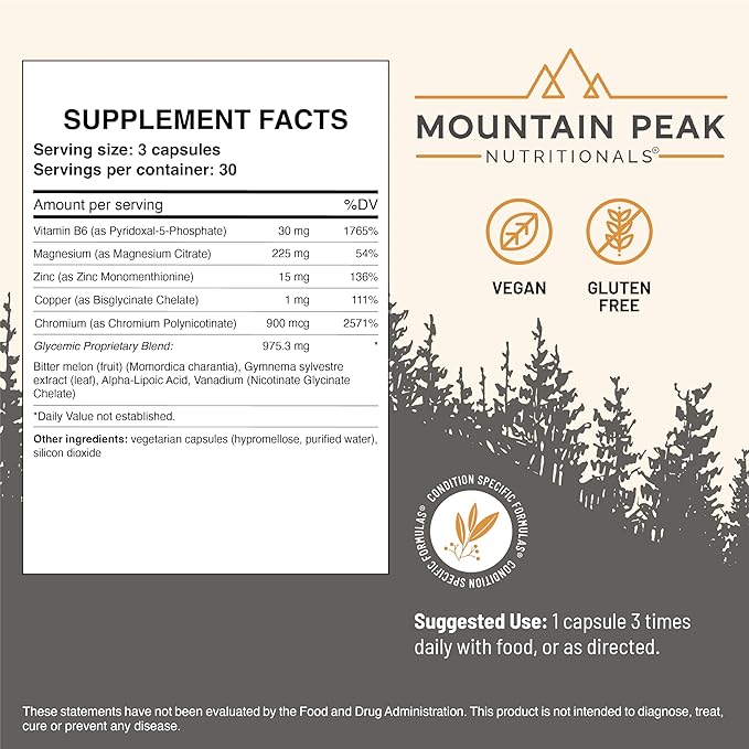 Mountain Peak Nutritionals Glycemic Formula - Organ Support Supplement - Supports &amp Promotes Metabolic Processes - Dietary Supplement (90 Vegetarian Capsules)