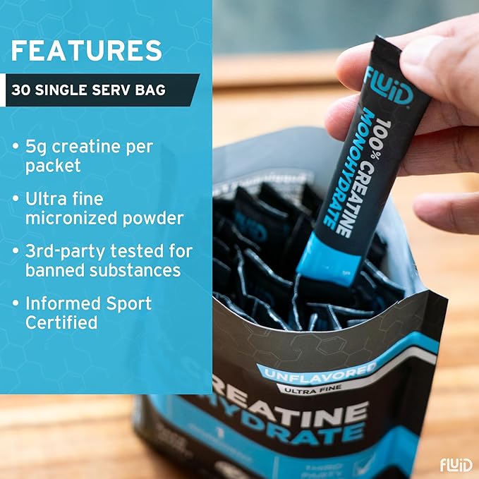 Fluid Creatine - Informed Sport Certified | Ultra-Fine Micronized 100% Creatine Monohydrate Powder | Unflavored | 5g Travel Stick Packs | 30 Servings