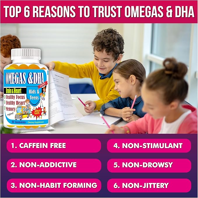 Kids Omega 3 Gummies with DHA &amp EPA – Omega 3 Supplement for Kids &amp Teens Supports Brain Focus &amp Memory Eye Health Great Taste Non-GMO 60 Count