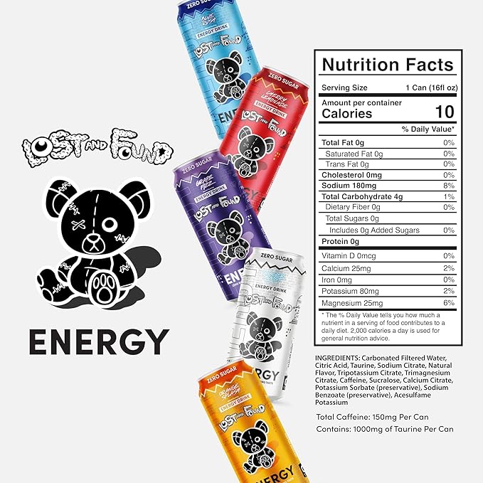 Lost and Found Energy Drink Sugar Free with No Artificial Flavors - 12-Pack 16oz - Performance Drink for Energy &amp Focus 150mg of Caffeine Taurine - Gluten-Free &amp Vegan