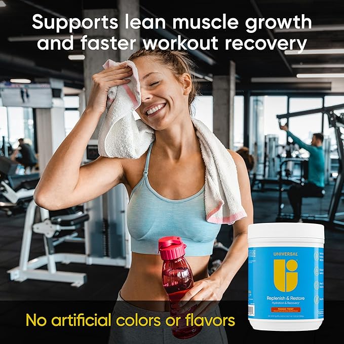 Universal U Replenish &amp Restore Powder Hydration &amp Recovery Promotes Muscle Repair and Growth Custom Dosing L-Lysine L-Glutamine L-Tryptophan No Artificial Flavors 30 Servings (Mango T