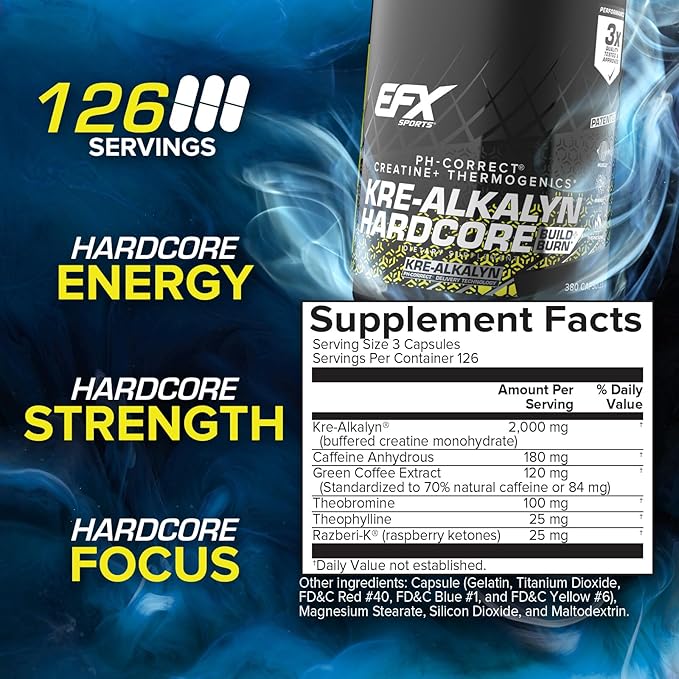 EFX Sports Kre-Alkalyn Hardcore | Thermogenic pH Correct Creatine Monohydrate Pill Supplement | Energy &amp Strength Pre Workout | 126 Servings 380 Capsules