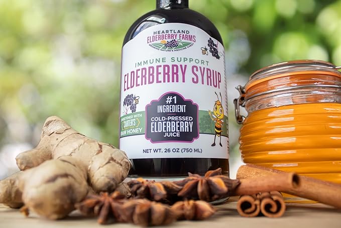 Heartland Organic Elderberry Syrup - Cold Pressed Elderberry Juice Zero Water Added - Immune Support for Kids &amp Adults - Made with Raw Honey Ginger Cinnamon &amp Star Anise - 26 fl oz (750 ml)