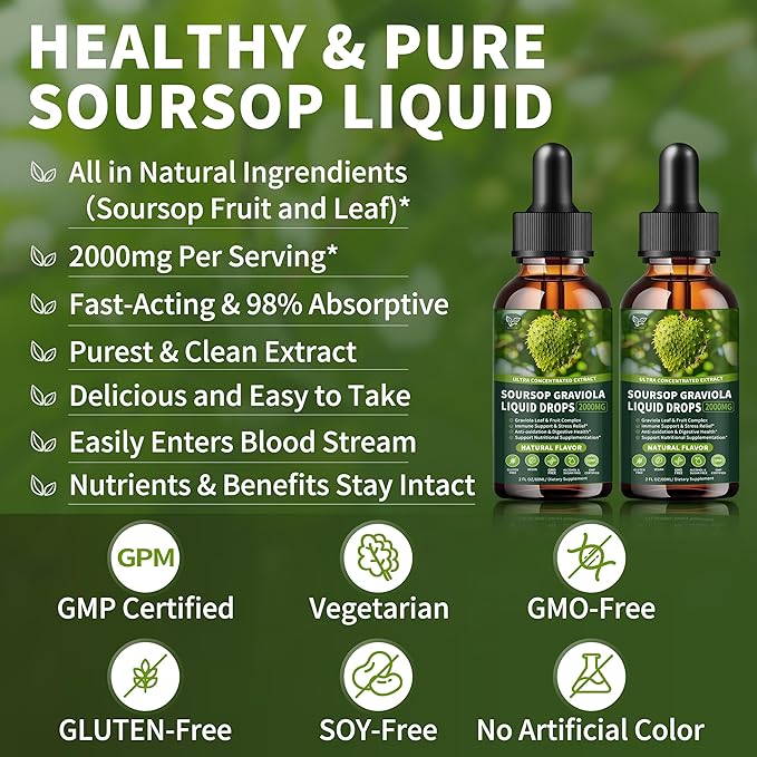 (2 Pack) Soursop Graviola Liquid Drops 2000mg 98% Absorption for Cell Support &amp Regeneration Immune Boost Liver Herbal Goodness Soursop Bitters Liquid-Sugar/Gluten Free Natural Flavor 4 Fl