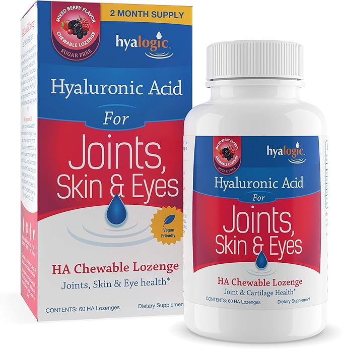 Hyalogic Hyaluronic Acid Chewable Lozenge - Chewable Tablets for Joints Skin Care &amp Eyes – Vegan Sugar-Free and Berry Favored Hyaluronic Acid Supplements (60 Count)