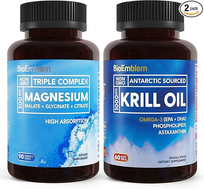 BioEmblem Triple Magnesium Complex and Antarctic Krill Oil Supports Sleep and Brain Health Heart and Joint Health Promotes Cardiovascular Health and Supports Relaxation