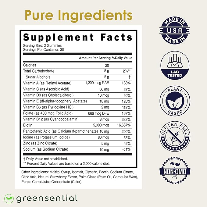 Sugar-Free Hair Skin &amp Nails Gummies - Complete Vitamin Complex w/Natural Ingredients - Fuller Hair Support - No Artificial Colors Natural Strawberry Flavor Made in USA 60 Ct