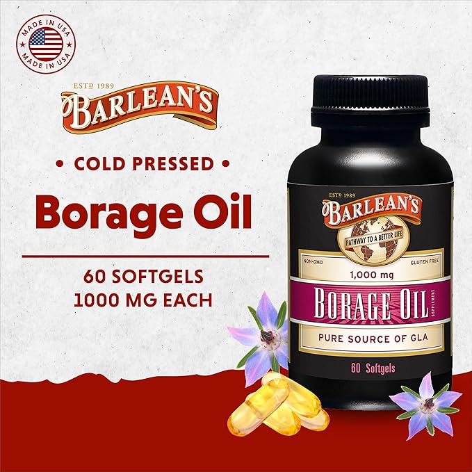 Barlean's Borage Oil Supplements Cold Pressed Pure Borage Seed Oil Supplement Softgels for Men and Women 1000 mg GLA Fatty Acids 60 Count