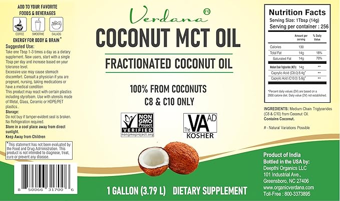 Verdana Coconut MCT Oil 1 Gallon – Food Grade for Keto Coffee Unflavored Natural Oil Pulling Mouthwash Massage Aromatherapy – 100% from Coconut - Medium Chain Triglycerides – Non-GMO Kosher