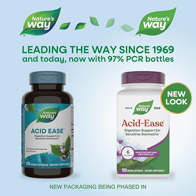 Nature's Way Acid Ease Digestive Support Supplement for Sensitive Stomachs* Marshmallow Root Extract Slippery Elm Bark Digestive Enzymes 180 Vegan Capsules (Packaging May Vary)