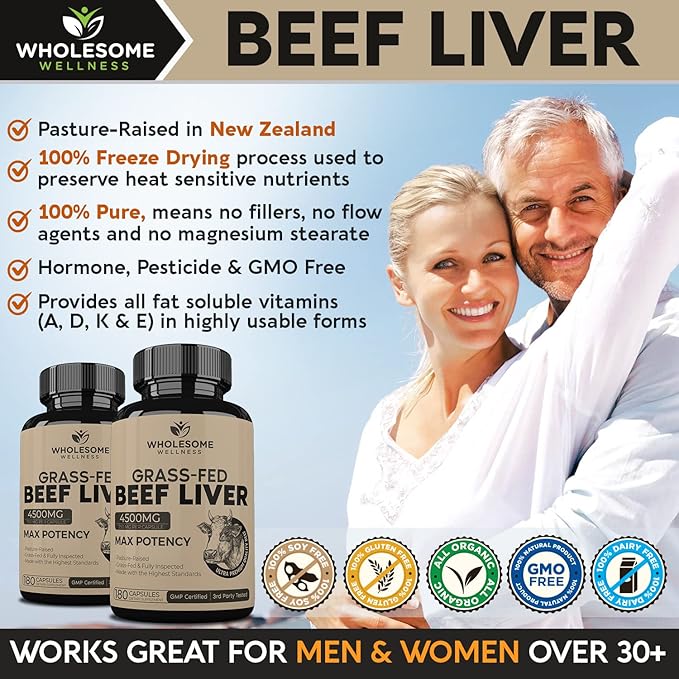 Grass Fed Desiccated Beef Liver Capsules (180 Pills 750mg Each) + Liposomal Vitamin C Capsules (200 Pills 1500mg Buffered) High Absorption VIT C Bundle