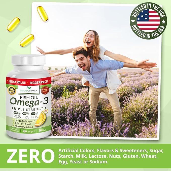 Triple Strength Omega 3 Fish Oil Supplements 2400mg | 180 Capsules Burpless High Potency Lemon Flavor High EPA DHA for Men &amp Women Ultra Pure Softgels | Joint Support Eyes Heart Brain Health P