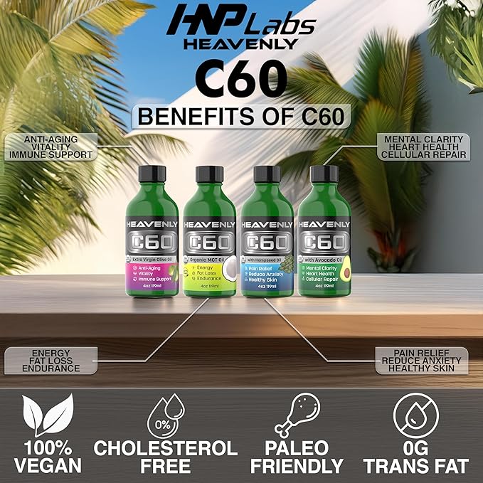 HNP Labs C60 Avocado Oil Cold Pressed Organic - Boost Energy Mental Clarity Slow Aging Naturally and Performance - 99.99% Sublimated C60 USA Made Organic Avocado Oil – GMP Certified for Safety