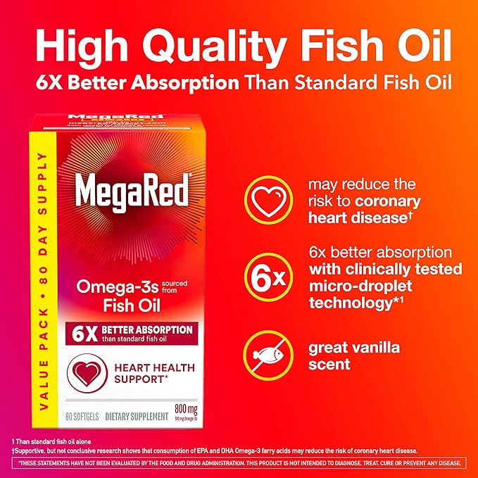 MegaRed Advanced 6X Absorption Softgels - Omega-3 Fish Oil Supplement 800mg (80 Count in A Box) EPA DHA Fish Oil Supports Heart Brain Joints &amp Eyes