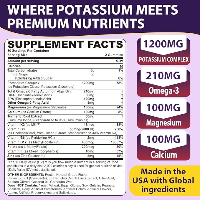Potassium Citrate and Potassium Gluconate Supplement 1200mg Two Forms of Potassium Gummies w/Magnesium Omega-3 Calcium Vitamin D3 K2 B12 E B6 Folate for Mṵṣḉḷḙ Nerves Health Bones 120Cts