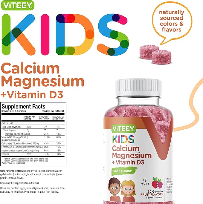 Viteey Kids Calcium Gummies + Vitamin D3 &amp Magnesium Citrate for Kids and Teens - Supports Bone Health Immune Support Energy &amp Muscle Function - Gluten FreeGMO Free - Tasty Chewable Fruit F