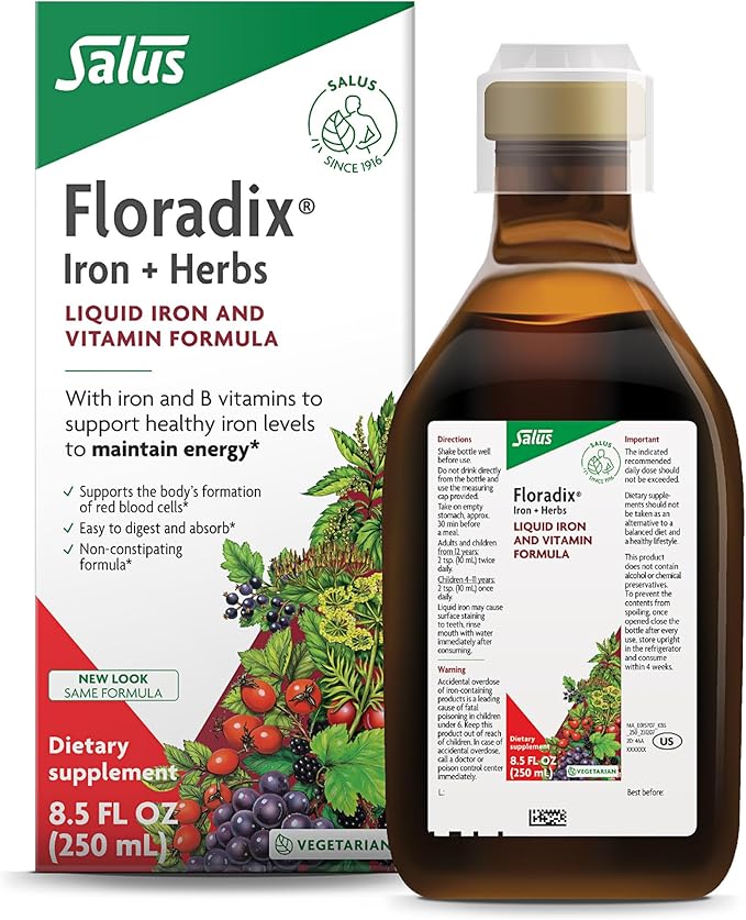 Floradix Iron &amp Herbs - Liquid Herbal Supplement for Energy Support - Iron Supplement with Vitamin C &amp Vitamin B Complex - for Men &amp Women - 8.5 fl oz