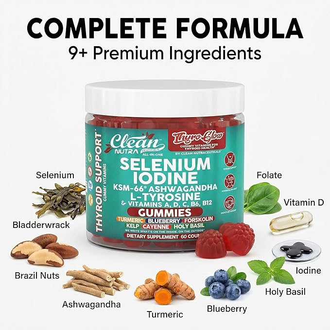 ThyroGlow Thyroid Support Gummies Selenium Iodine KSM 66 Ashwagandha L Tyrosine Vitamin D C B12 B6 Turmeric Blueberry Holy Basil Folate Bladderwrack By Clean Nutra
