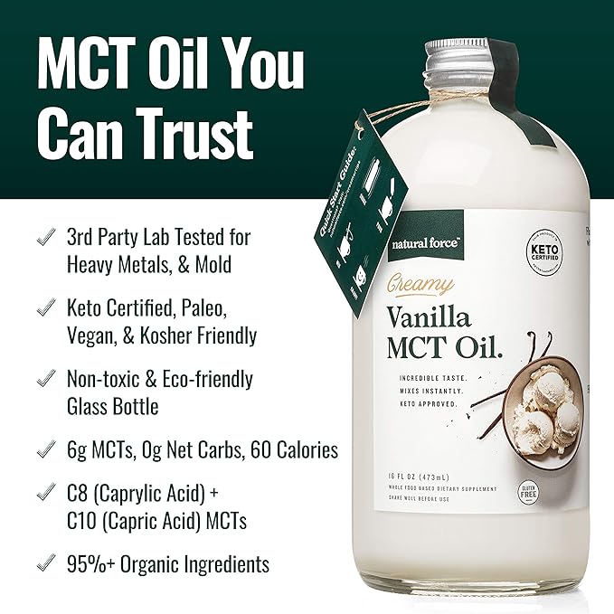 Natural Force Dark Roast Clean Coffee + Creamy Vanilla MCT Oil Bundle – Flavored MCT Creamer &amp Mold &amp Mycotoxin Free Coffee – Non-GMO Keto Paleo and Vegan - 12 Oz Bag and 16 Oz Glass Bottle