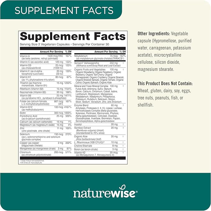 NatureWise Multivitamin for Men + Stress Support + Fulvic Ionic Minerals + Probiotics for Immunity Male Health Digestion + Whole Organic Foods - Vegetarian Non-GMO - 60 Capsules[1-Month Supply]
