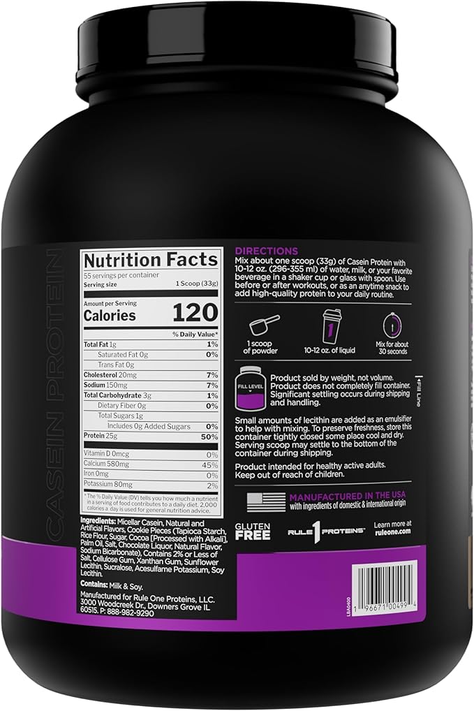 Rule 1 Proteins Casein Protein - 25g Protein and 11g EAAs Per Serving from Slow-Release Micellar Casein for Overnight Recovery and Sustained Delivery Between Meals (4 Pounds Cookies &amp Crème)