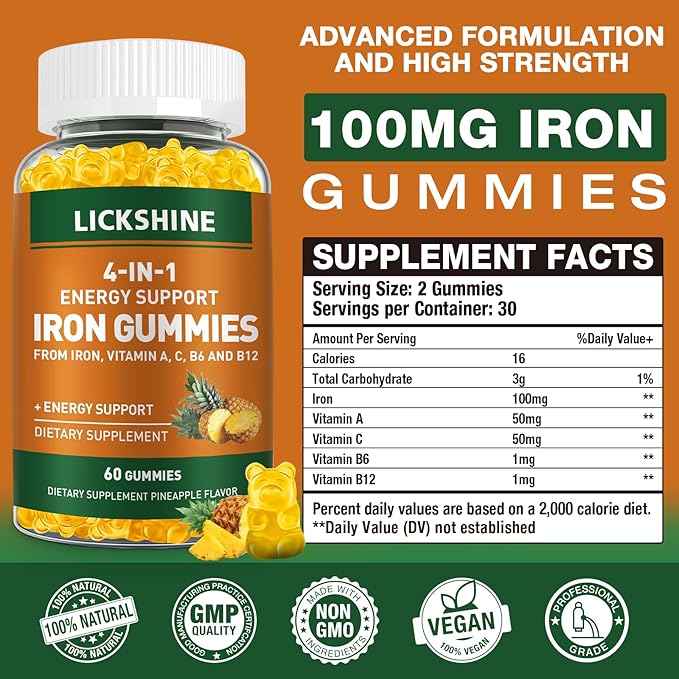 lickshine 2 Pack Vegan 100MG Iron Supplement Gummies for Women &amp Men - with Vitamin C A B for Adults &amp Kids - Energy Support for Iron Deficiency Anemia - Pineapple Flavor (120 Ct)