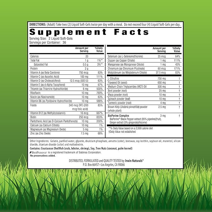 Irwin Naturals Quick Energy RED Liquid-Gel Multi with Nitric Oxide Booster - 72 Liquid Softgels - with Nitric Oxide Booster Turmeric Brown Kelp Maca &amp Beet Root