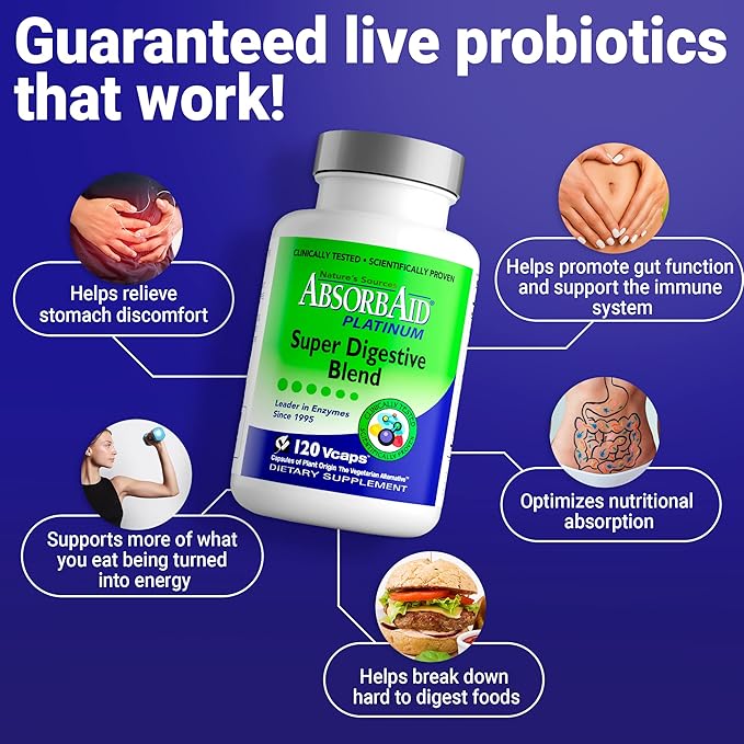 AbsorbAid Platinum Digestive Enzyme Support 120 vCaps 12 Digestive Enzymes Plus 2 Probiotics for Maximum Relief