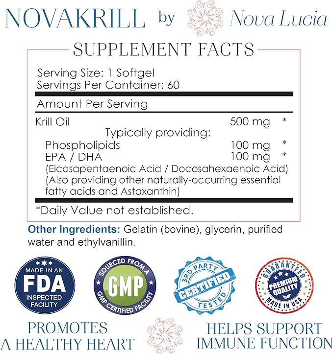 NovaKrill Krill Oil Omega 3 Supplement – 1000mg Softgels with EPA DHA Astaxanthin – No Fishy Aftertaste – Easy to Swallow Antarctic Krill Oil – 60 Liquid Capsules