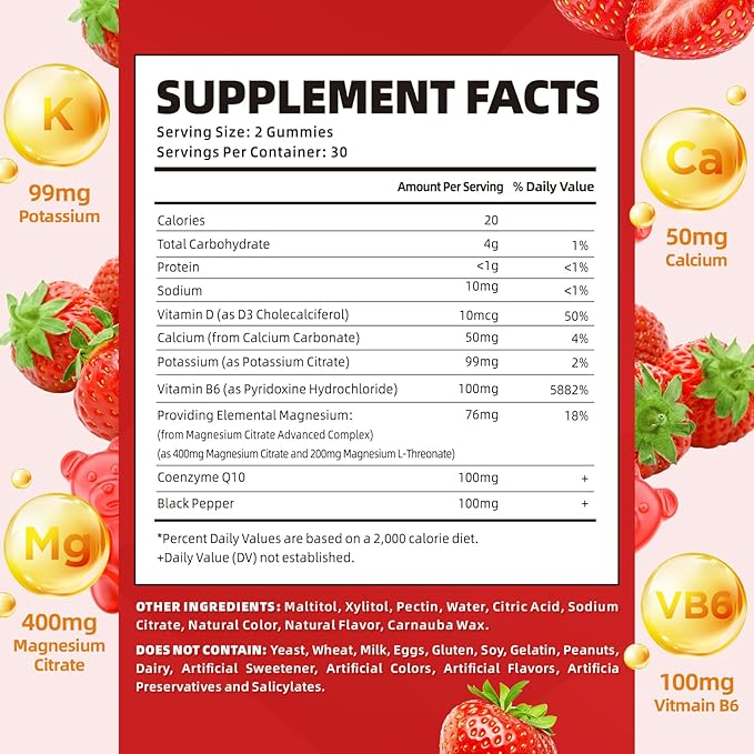 softbear Potassium Gummies for Adults High Absorption Magnesium Potassium Supplement with Vitamin B6 for Leg Cramps &amp Muscle Health Sugar-Free Vegan Strawberry 120 Gummies