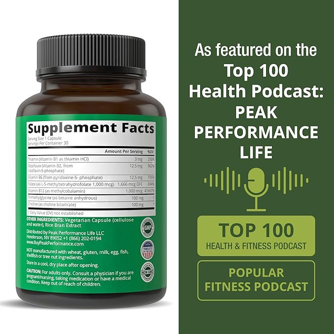 Peak Performance Methylated Multivitamin B Complex Supplement - Trimethylglycine (TMG) L Methylfolate Methyl B12 + B1 + B2 + B6 Vitamins + Choline - MTHFR Vegan Capsules Supplement for Women &amp M