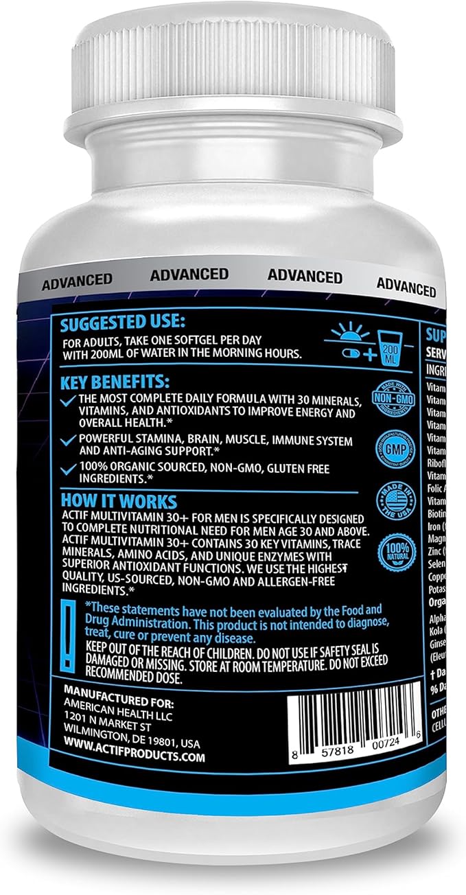 ACTIF Organic Multivitamin for Men Age 30+ with 30 Organic Vitamins and Organic Herbs Non-GMO Made in USA 90 Count