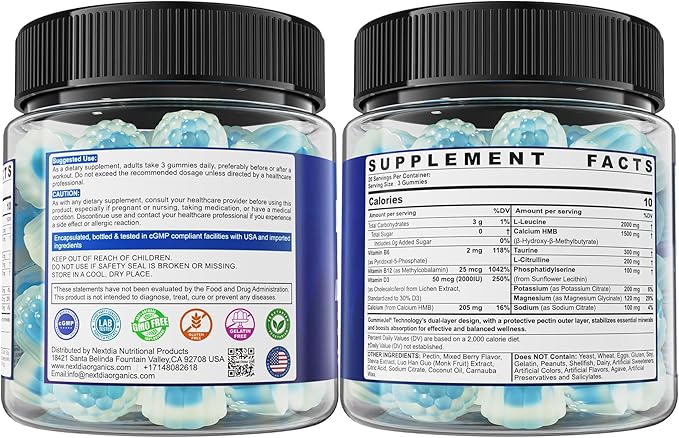 Hmb and L-Leucine Gummies Pre Work Essential Amino Acids EAA Supplements for Men &amp Women w/Branched-Chain Amino (BCAA) &amp 4 Hydration Electrolytes Taurine B12 &amp D3 for Fast Workout Reco
