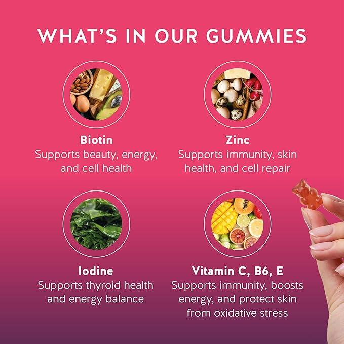 Biotin Gummies for Hair Skin &amp Nails. 5000 mcg High Potency Vegan Vitamins for Faster Hair Growth Stronger Nails &amp Healthy Skin. with Vitamins C &amp E 30 Gummies