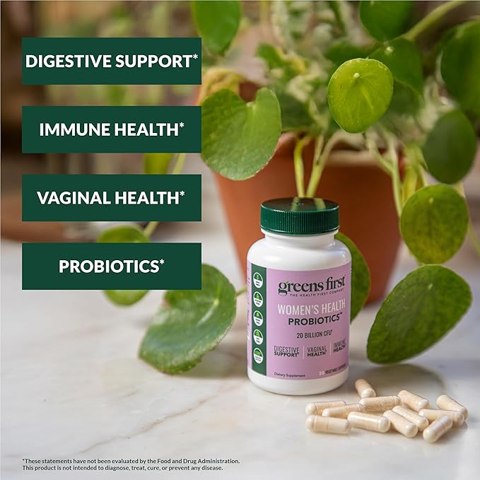 Greens First Women’s Health Probiotics - Probiotic for pH Balance - 20 Billion CFU - Support for Digestive Immune &amp Vaginal Health Non-GMO/Gluten-Free/Dairy-Free/Soy-Free (30 Vegetable Capsules)