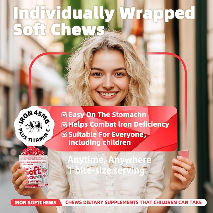 Iron Soft Chews Supplement with Vitamin C | Strawberry Flavored | Gluten Free | Iron Supplement for Women Men and Kids | 60 Count | 2 Month Supply