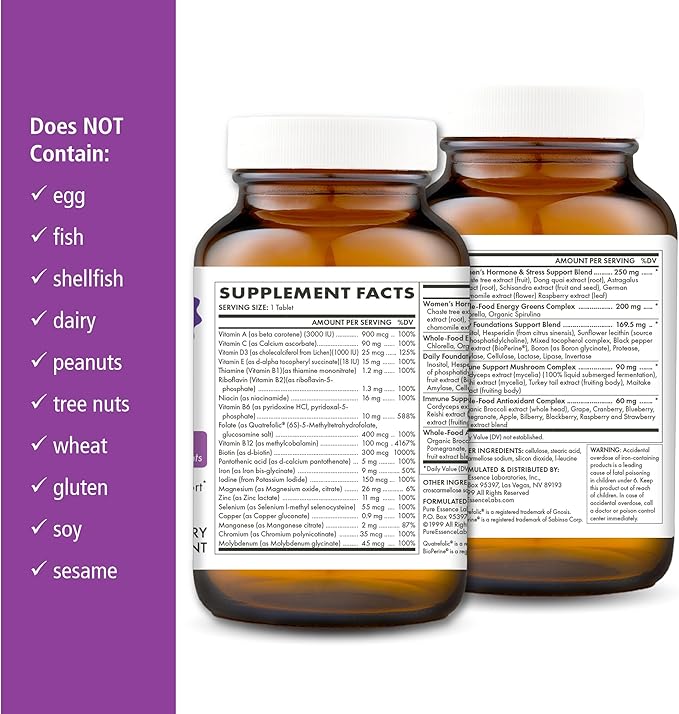 PURE ESSENCE LABS One N Only Multivitamin for Women Natural One a Day Herbal Supplement with Vitamin D3 B12 and Biotin with Whole Foods 30 Tablets