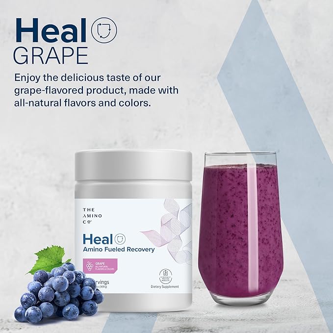 The Amino CO. - Heal - Post Workout Recovery Drink with Pure Eaa Amino Acid Formula - Creatine Monohydrate Powder for Efficient Muscle Repair Vegan and Keto-Friendly with Grape Flavor - 10.89oz.