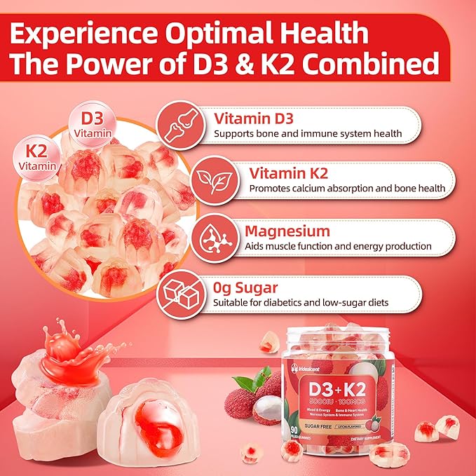 Vitamin D3 K2 Gummies w/Magnesium Sugar Free - 90 Count | D3 Vitamin 5000 IU + K2(MK-7) 100 mcg - Vegan K2 D3 Vitamin Supplement Highly Absorbent Supports Bone Muscle Mood &amp Immune(Lychee Flav