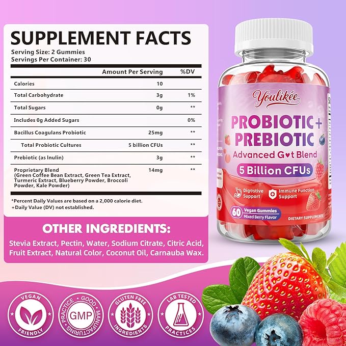 2 Pack Prebiotic + Probiotic Gummies for Women and Men Probiotic Gummies Supports Gut Health 5 Billion CFUs with Fibers Vegan Sugar-Free 120 Count