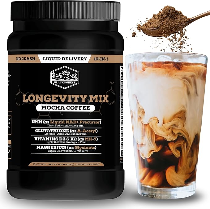 Black Forest High Flavanol Cocoa Powder 1200mg Flavanols and Longevity Mocha Coffee 10 in 1 NMN Glutathione Vitamins Polyphenol Cocoa Energy and Heart Health Bundle