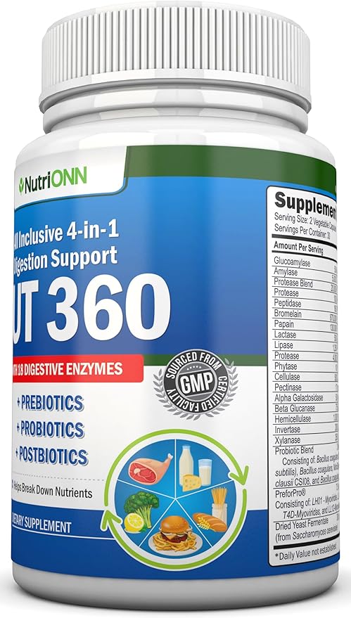4-in-1 Probiotics Prebiotics &amp Postbiotics with 18 Digestive Enzymes for Women &amp Men - Complete Gut &amp Digestive Support Supplement - Bloating Relief and Enzymes for Digestion - Non GMO -
