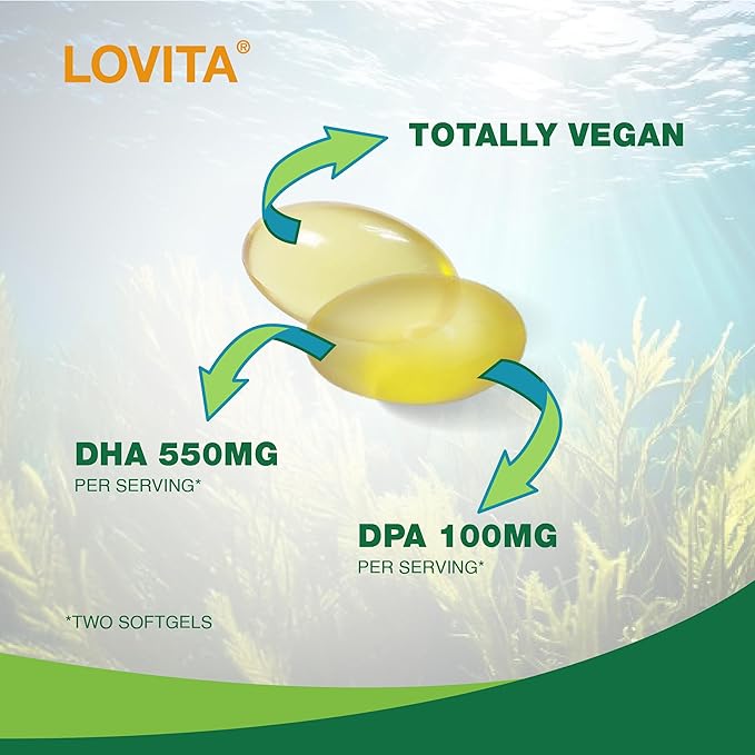 Lovita Algae Omega-3 Vegan and Plant-Based DHA &amp DPA Fish Oil Alternative 1000mg Algae Oil Support Heart and Brain Health Carrageen-Free 90 Softgels