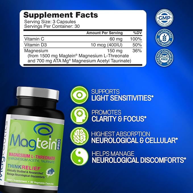 MagteinPRO - Magnesium L-Threonate &amp Mag Acetyl Taurinate Supplement Memory Sleep &amp Brain Health Formula for Men &amp Women Cognitive Support for Adults Clinically Studied- 90 Veg Capsule