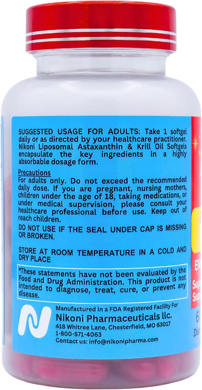 Nikoni Liposomal Astaxanthin 24mg with Kril Oil 500mg Supplement 60 softgels