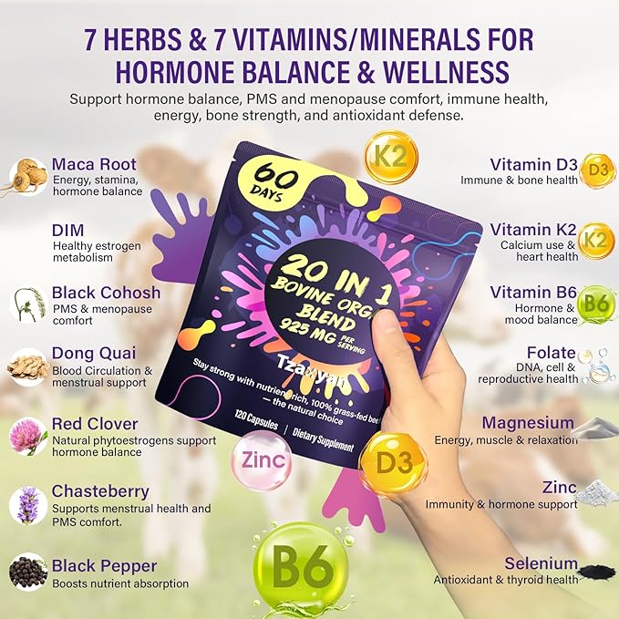 20-In-1 Beef Organ Supplement for Women 925MG Grass Fed Beef Liver Uterus Ovary &amp 3 more with Maca DIM Black Cohosh Vitamin &amp Mineral Bovine organ Capsules for Hormone Balance Energy