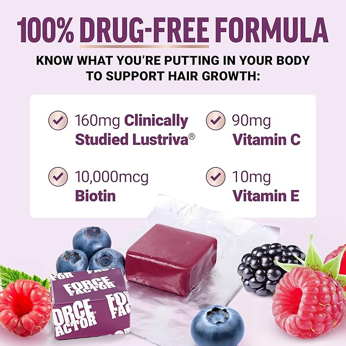 Force Factor Hair Growth Accelerator Soft Chews Hair Growth Vitamins for Women and Men with Clinically Studied Lustriva and Biotin Promotes Thicker Fuller Stronger Hair Mixed Berry 60 Soft Chews