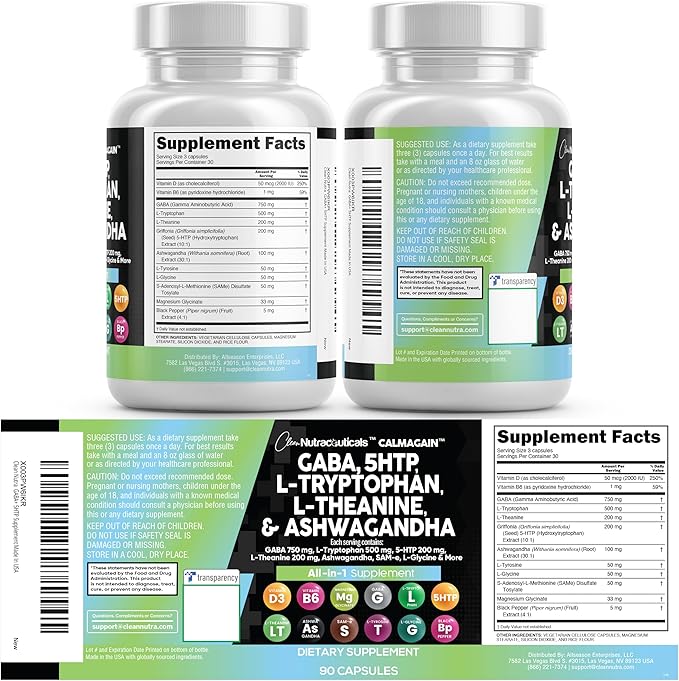 Clean Nutraceuticals GABA 750mg 5 HTP 200mg L Tryptophan 500mg L Theanine 200mg Ashwagandha SAM-e L-Glycine - Mood Support Vitamins for Women and Men with L-Tyrosine (90 Count (Pack of 3))